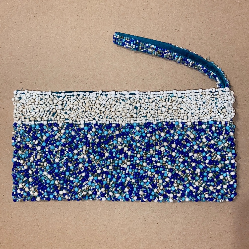 Vintage Beaded Blue Ivory Zip Top Clutch Wristlet Bag